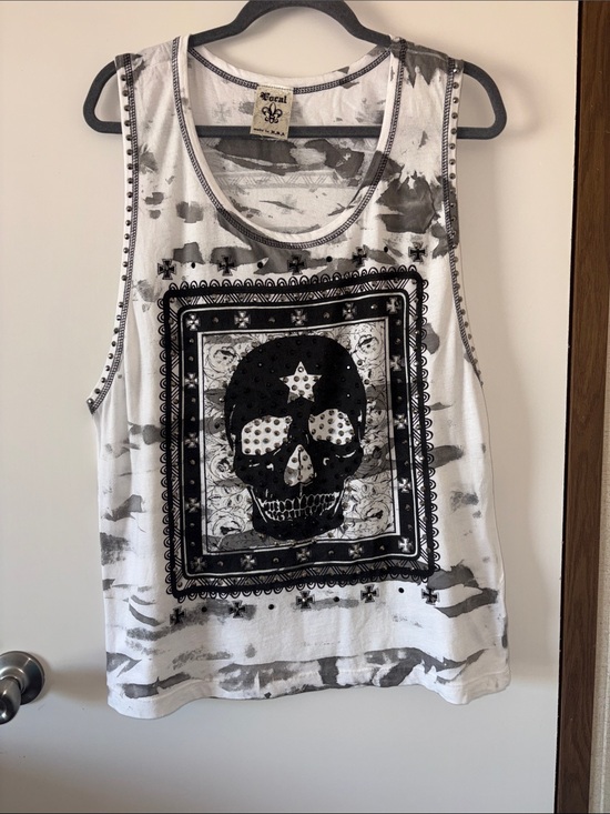 Vocal Tops - Vocal Studded Skull Graphic Tank Top White Gray Sz Large Grunge Punk Biker Chic